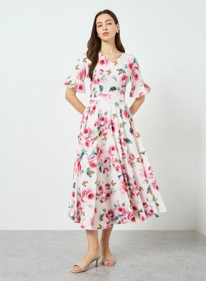 Take Two white with pink and red roses Women Floral Printed V-Neck Midi Dress for Women | Best Price UAE